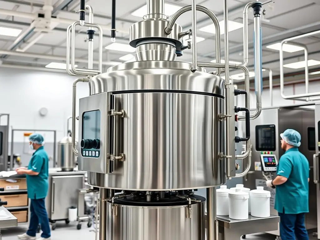 A modern pasteurizer in a food processing facility.