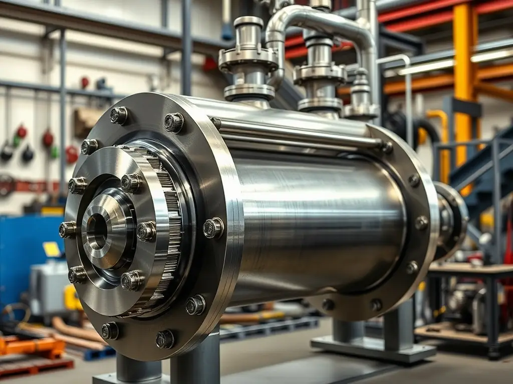 A plate heat exchanger displayed in an industrial setting.