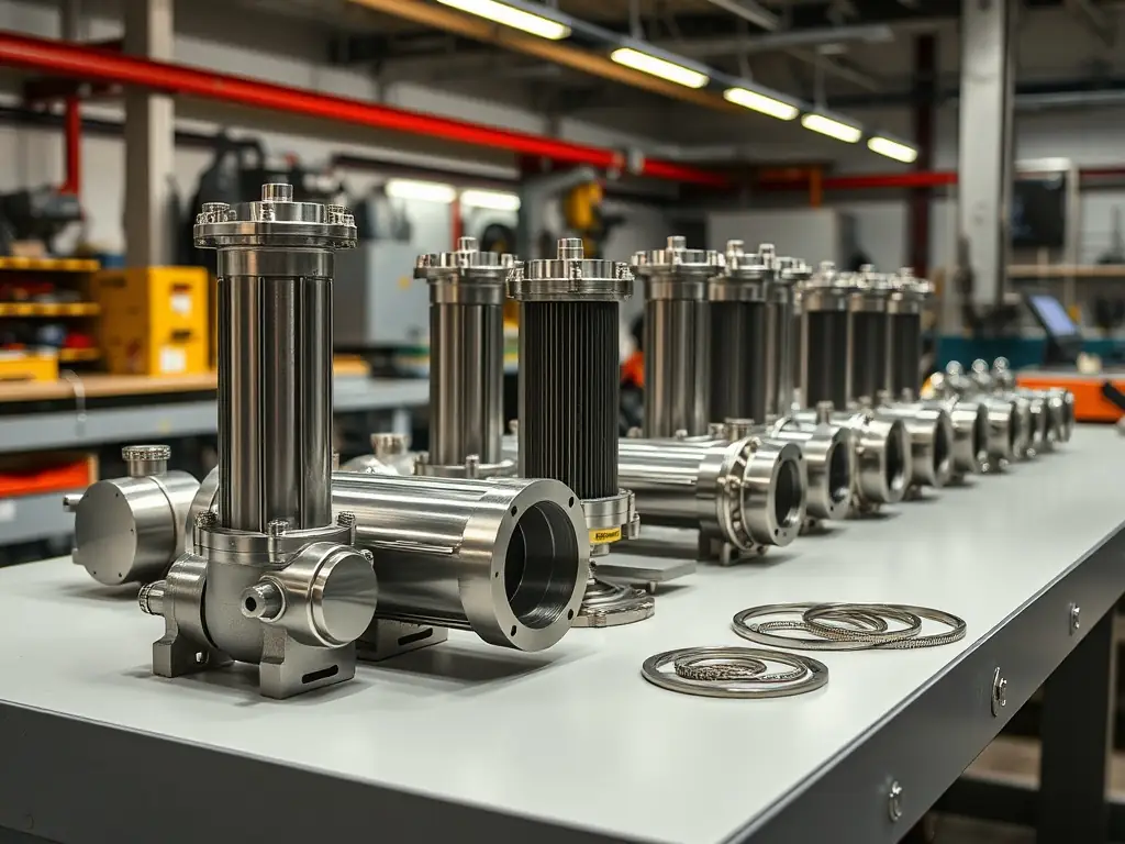 Spare parts for heat exchangers arranged on a workbench.