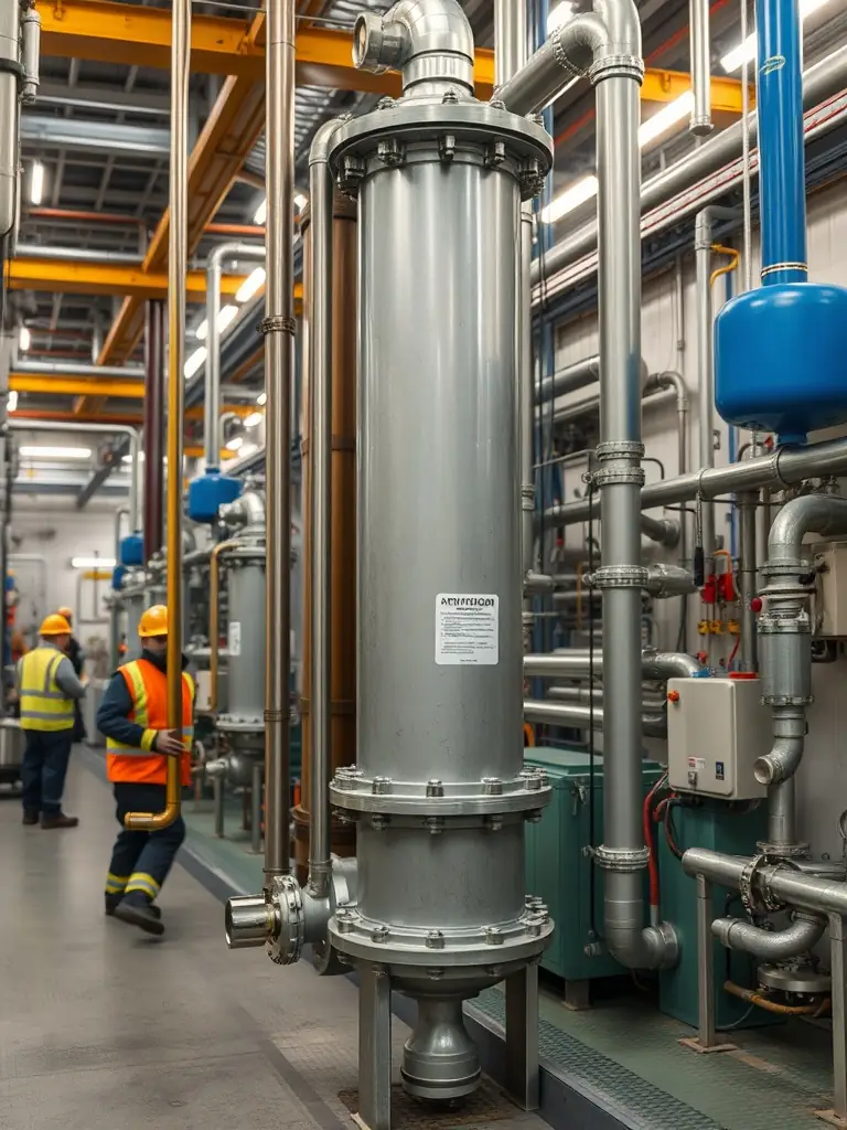 A heat exchanger installed in a chemical plant, illustrating its industrial application.