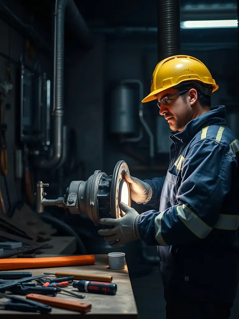 A technician servicing a heat exchanger in an industrial workshop.